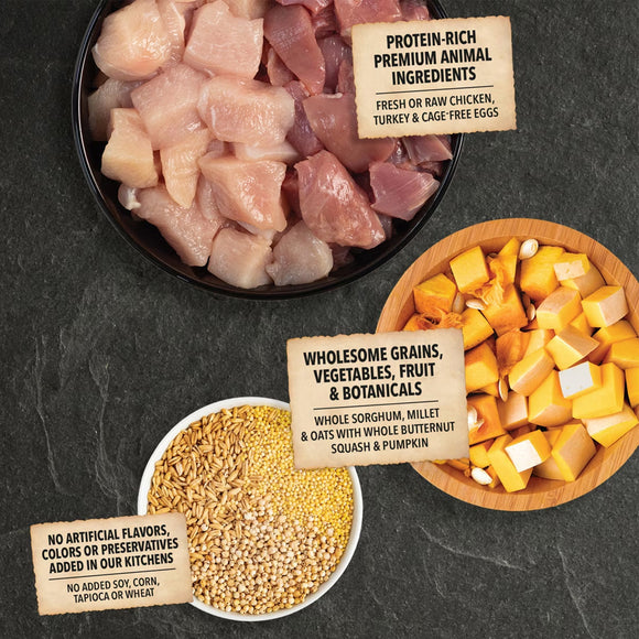Raw chicken pieces, grains, vegetables, and fruit on a dark surface with labels indicating ingredients.