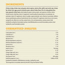 Dog food ingredient list and guaranteed analysis on a white background