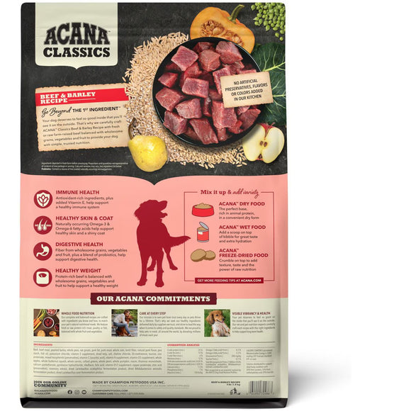 Acana Classics Beef & Barley dog food packaging on a white background