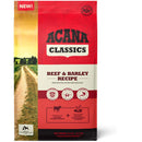Acana Classics Beef & Barley Recipe dog food package with a scenic background