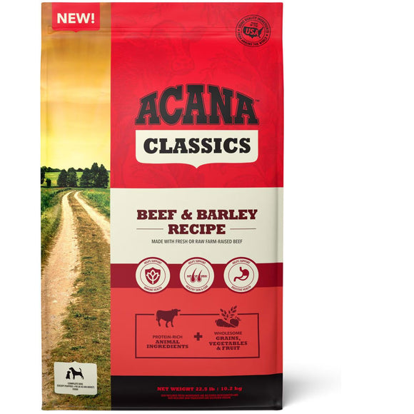 Acana Classics Beef & Barley Recipe dog food package with a scenic background