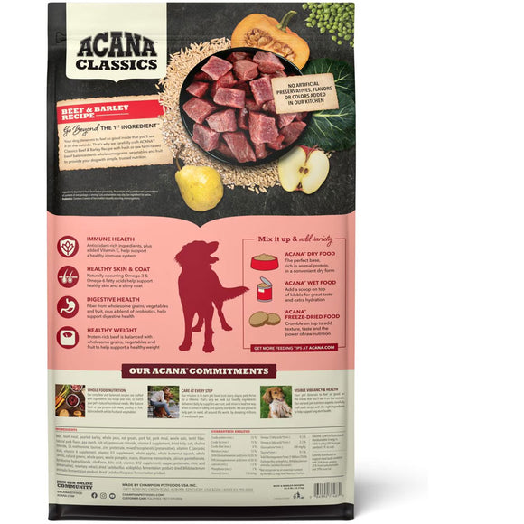 Acana Classics dog food package with beef and barley ingredients