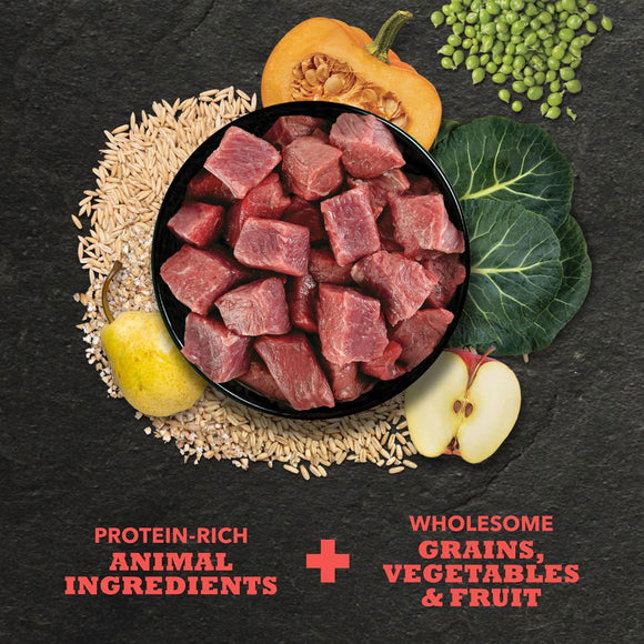 Diced meat in a bowl with grains, vegetables, and fruit on a dark background