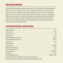 Dog food ingredient list and guaranteed analysis on a white background