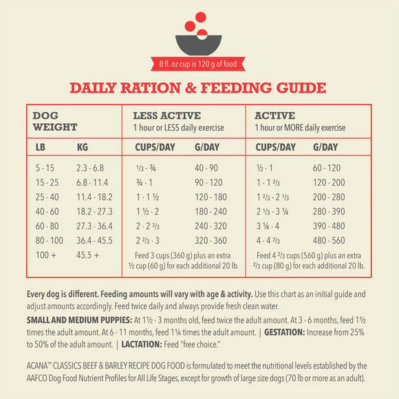 Dog feeding guide chart with daily ration information on a beige background