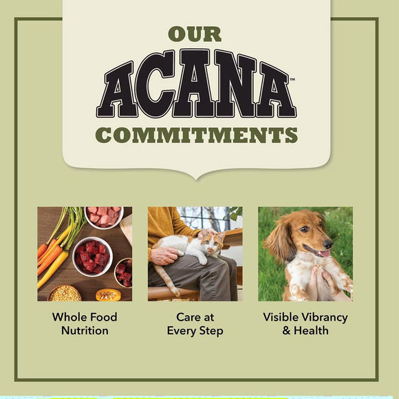 Acana pet food brand commitments with images of food, a person with a cat, and a dog on a green background.