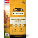 Acana Classics Chicken & Barley Recipe dog food packaging with a scenic background.
