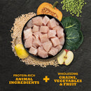 Raw chicken pieces in a bowl with grains, vegetables, and fruit on a dark background