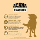 Acana Classics dog food product description with a silhouette of a dog on a beige background