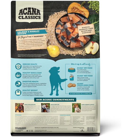 Acana Classics dog food package with salmon and barley ingredients on a white background