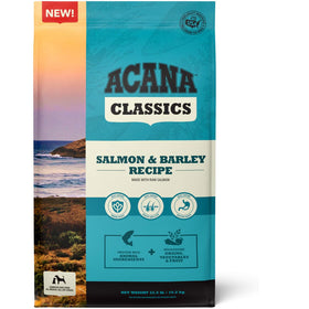 Acana Classics Salmon & Barley Recipe dog food package with scenic background
