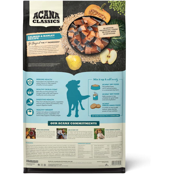 Acana Classics dog food package with ingredients and benefits listed