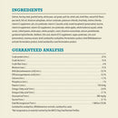 Ingredients and guaranteed analysis chart for a pet food product.