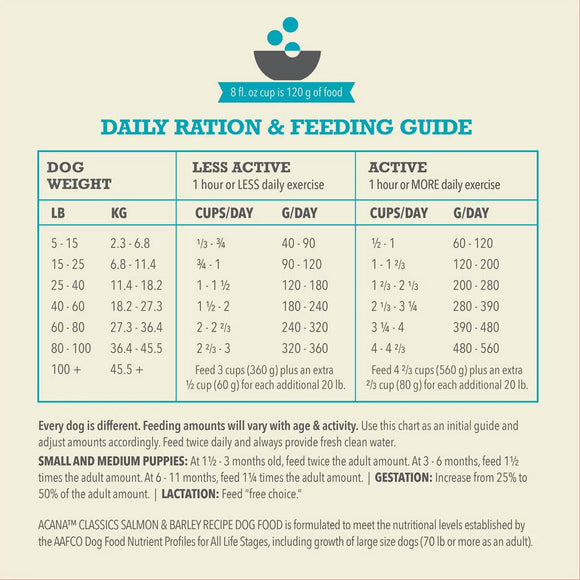 Dog feeding chart for daily ration and feeding guide on a beige background