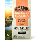 Acana Wholesome Grains Puppy Recipe dog food package with scenic background