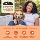 Woman sitting with a dog, promoting Acana pet food, with text about product benefits.