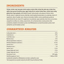 Ingredients and guaranteed analysis chart for a pet food product on a white background