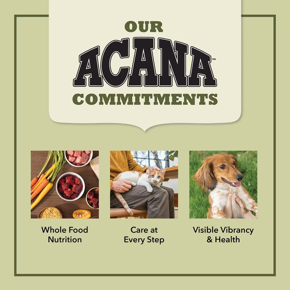 Acana pet food brand commitments on a green background