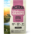 Acana Wholesome Grains Small Breed Recipe dog food package with scenic background