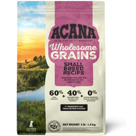 Acana Wholesome Grains Small Breed Recipe dog food package with a scenic background