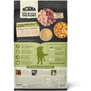 Acana Wholesome Grains dog food package with ingredients and health benefits on a white background