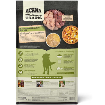 Acana Wholesome Grains dog food package with ingredients and health benefits on a white background