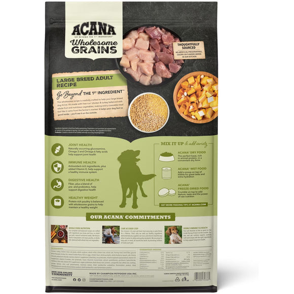Acana Wholesome Grains dog food package with ingredients and health benefits on a white background