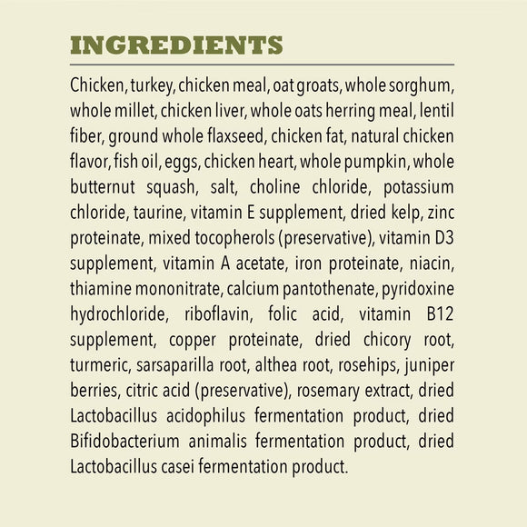 List of ingredients for a pet food product on a beige background