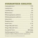 Nutritional analysis chart for a pet food product on a beige background