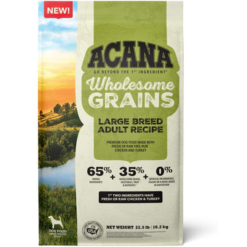 Acana Wholesome Grains dog food package with a scenic background