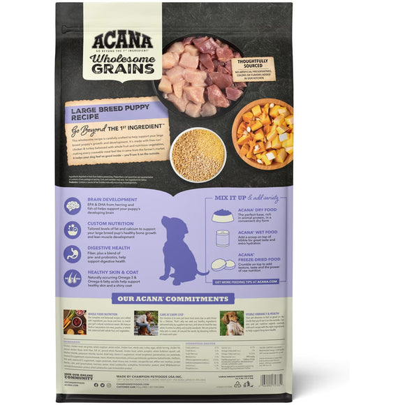Acana Wholesome Grains Large Breed Puppy Recipe dog food packaging on a white background