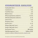 Guaranteed analysis chart for a pet food product on a beige background