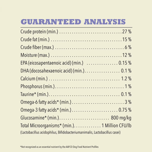 Guaranteed analysis chart for a pet food product on a beige background