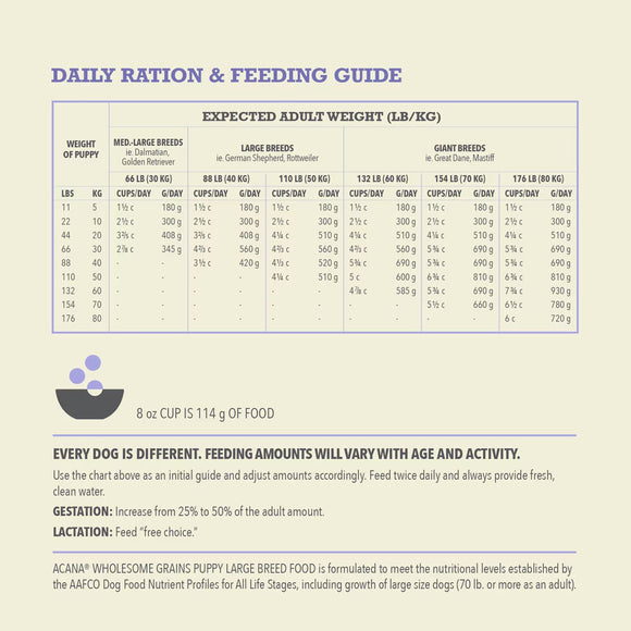 Dog food feeding guide chart on a beige background