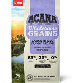 Acana Wholesome Grains Large Breed Puppy Recipe dog food package with scenic design.