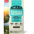 Acana Wholesome Grains Puppy Sea & Farm Recipe dog food package with scenic background
