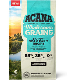 Acana Wholesome Grains Puppy Sea & Farm Recipe dog food package with scenic background