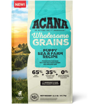 Acana Wholesome Grains Puppy Sea & Farm Recipe dog food package with scenic background