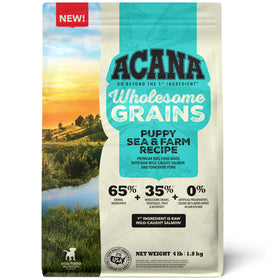 Acana Wholesome Grains Puppy Sea & Farm Recipe dog food package with scenic background