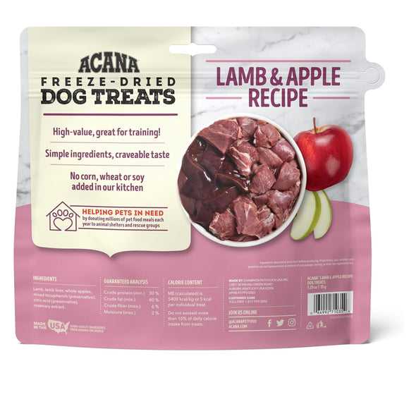 Acana freeze-dried dog treats packaging with lamb and apple recipe on a white background