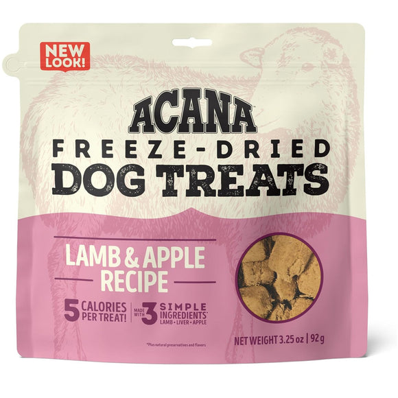 Acana freeze-dried dog treats packaging with lamb and apple recipe on a white background