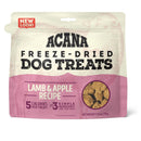 Acana freeze-dried dog treats packaging with 'Lamb & Apple Recipe' on a white background