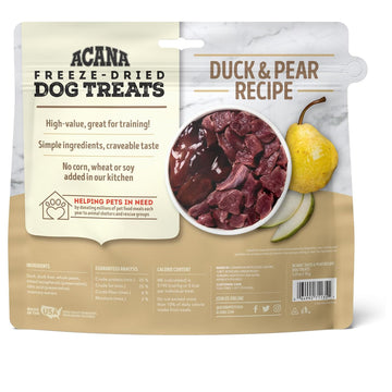 Acana freeze-dried dog treats packaging with duck and pear recipe on a white background