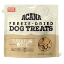 Acana Freeze-Dried Dog Treats packaging with duck and pear recipe on a white background
