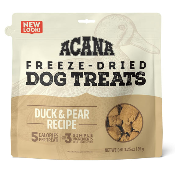 Acana Freeze-Dried Dog Treats packaging with duck and pear recipe on a white background