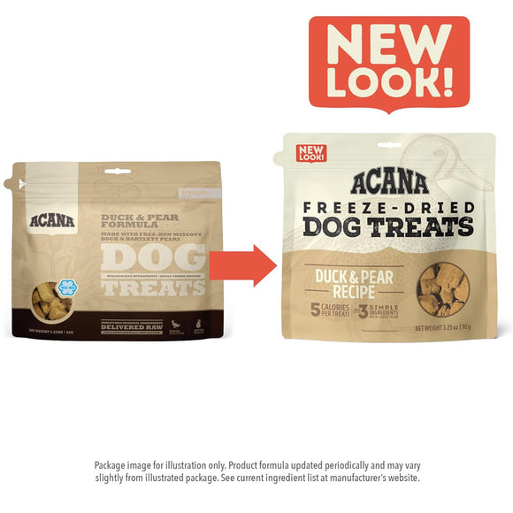 Comparison of Acana freeze-dried dog treats packaging with 'NEW LOOK!' text above.