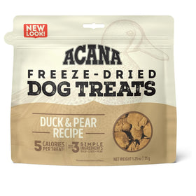 Acana freeze-dried dog treats packaging with duck and pear recipe on a white background