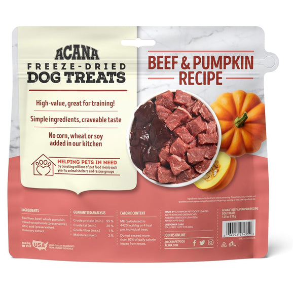 Acana freeze-dried dog treats packaging with beef and pumpkin ingredients on a white background