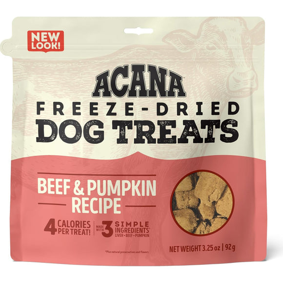 Acana freeze-dried dog treats packaging with beef and pumpkin flavor on a white background