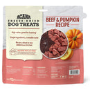Acana freeze-dried dog treats package with beef and pumpkin recipe on a white background